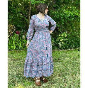Anthropologie Boemo Paisley Floral Tiered Maxi Dress Pink Teal Multicolor Medium